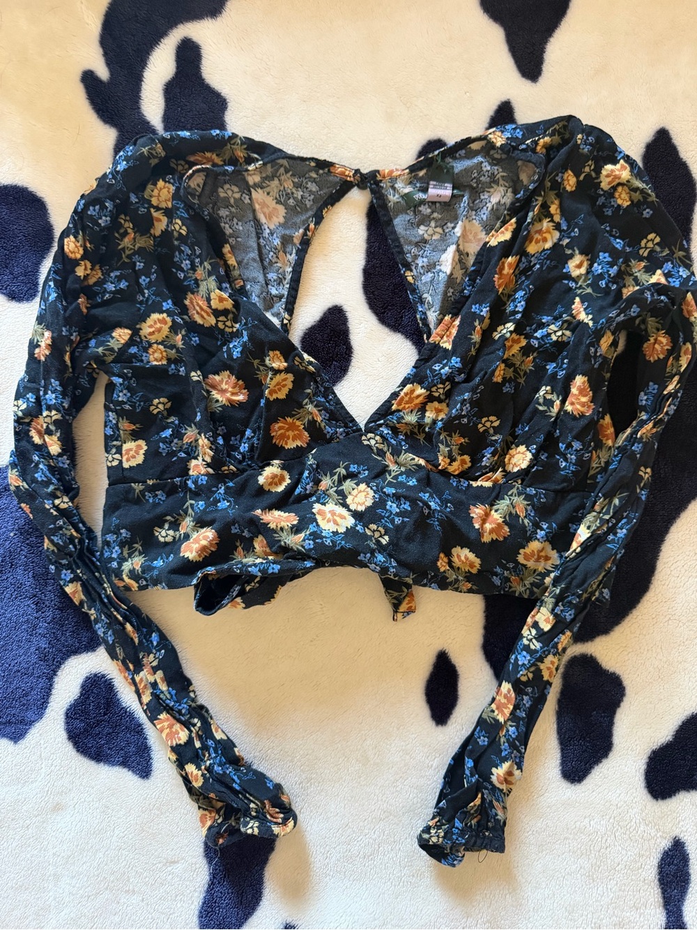 Floral Tie-Front Top - Black with Yellow Floral Print